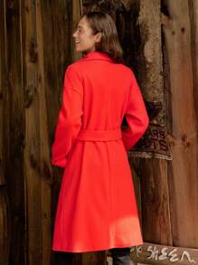 SHEIN LUNE Women's Solid Color Lapel Drop Shoulder Long Sleeve Double-Breasted Elegant Overcoat, Winter Fall Cloth For Women - Red - View 2