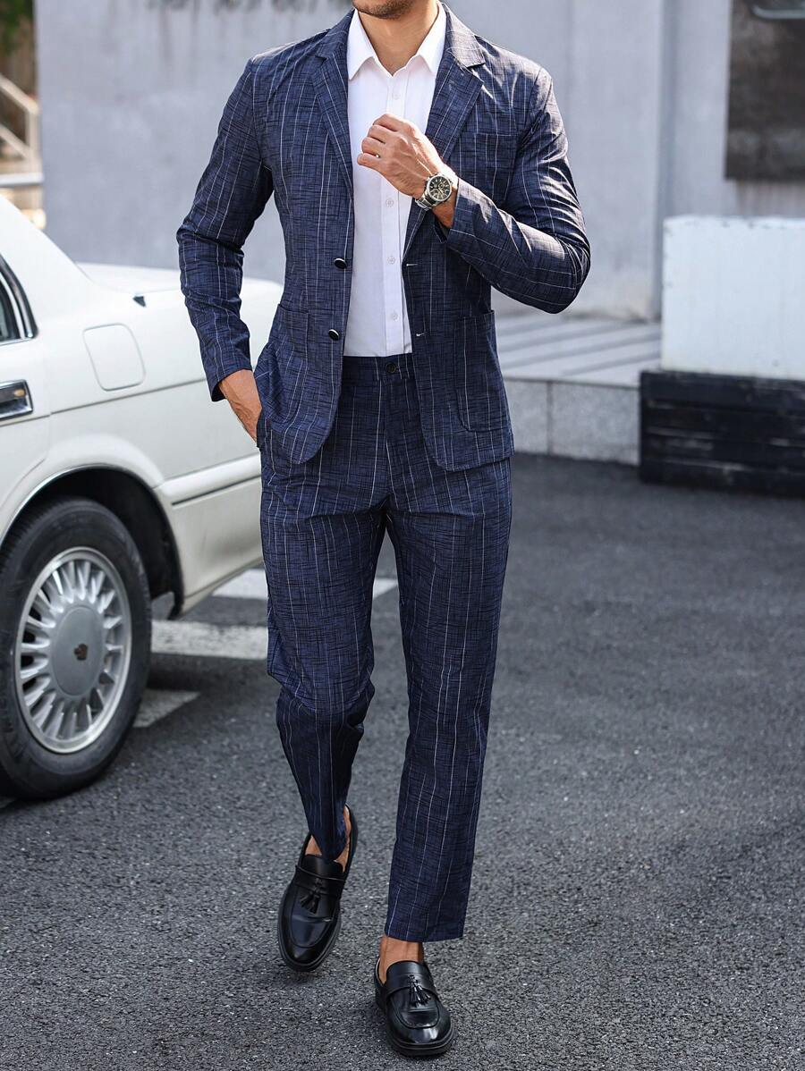 Manfinity Bizformal Men's Striped Lapel Neck Long Sleeve Single-Breasted Jacket And Pants Set, Fashionable Casual Suit - Navy Blue - View 1