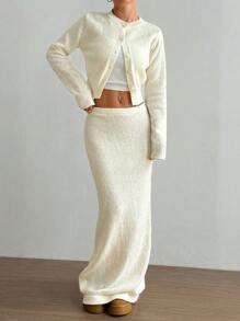 Flirla 2 piezas Conjunto de ropa de negocios casual para mujer con suéter de punto de abotonadura sencilla y falda midi de punto