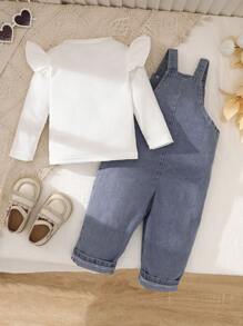 Bộ đồ liền quần và áo liền quần thêu họa tiết ngôi sao thời trang cho bé gái sơ sinh - Xanh và trắng - Xem 2