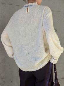 FRIFUL Damen Flauschiges Rüschen-Saum Farbblock T-Shirt mit thermisch gefüttertem Langarm Damen Oberteil, Herbst Damenmode