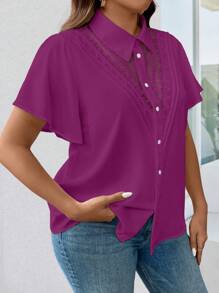 SHEIN Clasi Plus Size Casual Contrast Lace Flutter Sleeve Blouse, Summer