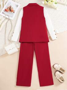 SHEIN 3 件套 Tween Girls 红色无袖西装外套 + 裤子 + 白色圆领长袖 T 恤