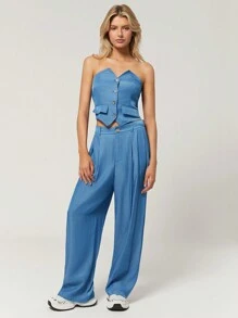 SHEIN EZwear Women's Fashionable Modern PU Leather Strapless Jumpsuit Set, Autumn/Winter - Black - View 3