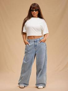 Forever 21 大码女式纯色宽松口袋休闲牛仔裤 - 淺藍色 - 查看 4