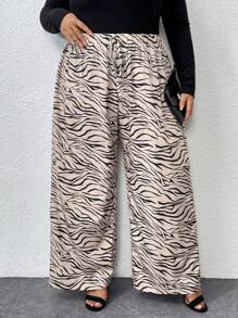 SHEIN CURVE+ Curve Plus Size Casual Zebra Stripe Straight Leg Pants - Khaki - View 3