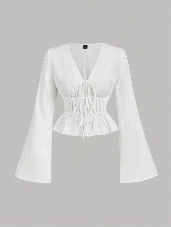SHEIN MOD Weiße Bluse mit Bindung und Glockenärmeln für Damen, gehöhlte Kostüme, Damen Outfit, Teufelskostüm, Vintage, Piraten-Top, Hippie-Kleidung, Ausgehmoden