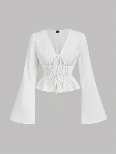 SHEIN MOD White Women's Tie Front Flare Sleeve Blouse,Hollowed Costumes, Women Outfit,Devil Costume,Vintage,Pirate Top,Hippie Clothes,Going Out Tops