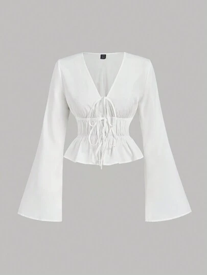 SHEIN MOD White Women's Tie Front Flare Sleeve Blouse, Women Outfit, Devil Costume, Vintage, Pirate Top, Hippie Clothes, Going Out Tops, Carnival Costumes, Beach Outfit ,Vacation Outfits Women, Casual Blouses For Women, White Tops, Boho, Perfect For Vacation, Date, Picnic, Party, Prom, Festival, And Birthday, Tea Party, Spring/Summer Outfit