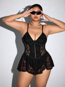 SHEIN ICON Vestido de encaje con parches, soporte incorporado y botones de metal para tallas grandes, para el verano