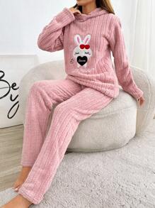 RueChic 2pcs Fuzzy Rabbit Embroidery With Hoodie Detail Homewear PJ Set - Baby Pink - View 4