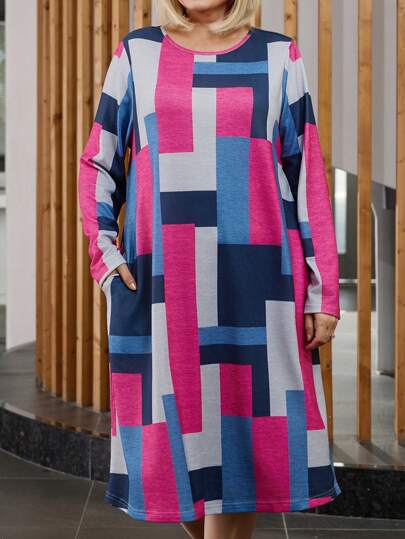 EMERY ROSE Vestido casual de manga larga con bolsillo, cuello redondo y estampado geométrico para mujer talla grande, primavera otoño