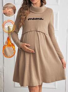 SHEIN Maternity Nursing Embroidered Letter Graphic Turtleneck Long Sleeve Dress, Fall, For Winter