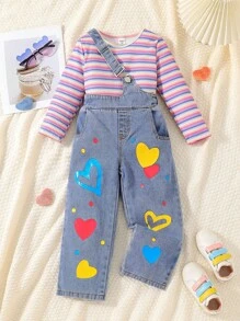SHEIN 2pcs/Set Young Girls Rainbow Stripe Pattern Knit Sweater & Dungaree Pants Cute Spring And Fall Outfit - Pink - View 1