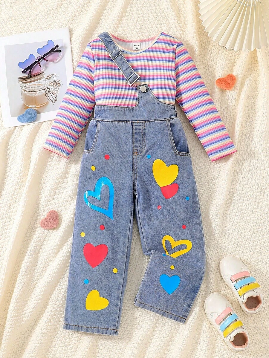 SHEIN 2pcs/Set Young Girls Rainbow Stripe Pattern Knit Sweater & Dungaree Pants Cute Spring And Fall Outfit - Pink - View 1