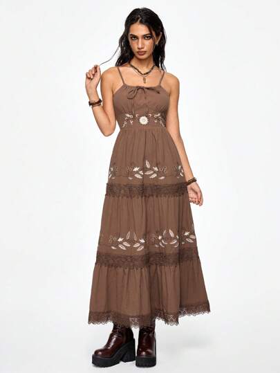 Women Hippie Style Vacation Floral Embroidered Lace Splice Midi Dress