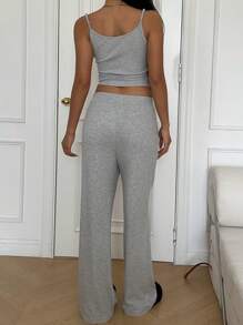 SHEIN EZwear 2 pezzi Set top e pantaloni casual donna aderente con bottoni davanti - Grigio - Visualizzare 2