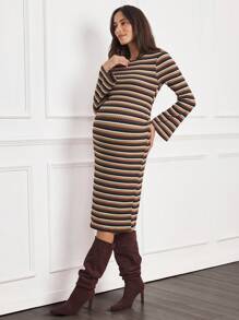 SHEIN MaterniWear Vintage Bell-Sleeve Bodycon Maternity Dress, Autumn - Multicolor - View 4