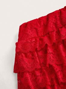 SHEIN ICON Plus Size Summer Fashionable Solid Color Multi-Layer Lace Ruffle Hem Shorts - Red - View 3
