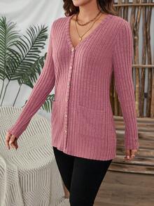 EMERY ROSE Áo thun nữ tay dài cổ chữ V màu trơn, túi có gân, thường ngày, mùa thu - Hồng - Xem 5