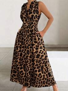 Xyvia Women's Front Button Collared Sleeveless Animal Leopard Print Pocket Casual Dress Maxi Women Outfit