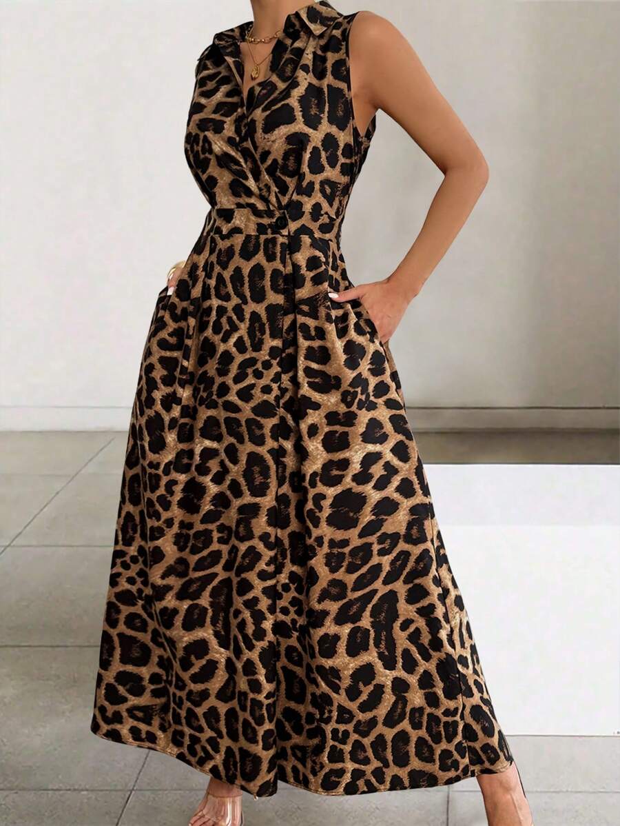 Xyvia Women's Front Button Collared Sleeveless Animal Leopard Print Pocket Casual Dress Maxi Women Outfit