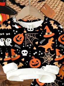 SHEIN 男婴万圣节南瓜印花紧身长袖上衣和裤子休闲家居服睡衣套装，适合秋冬季的衣服，万圣节服装 - 彩色 - 查看 3