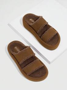 CUCCOO EASI Women's Platform Fluffy Slide Sandals - Brown - View 2