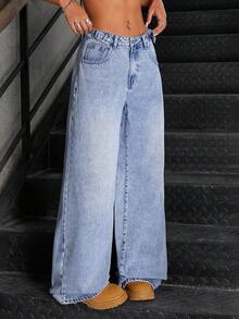 SHEIN ICON Pantalones vaqueros de pierna ancha lavados informales - Azul - Ver 4