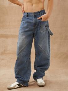 Men Premium 91% Cotton Denim Utility Barrel Leg Jeans - Medium Wash - View 6