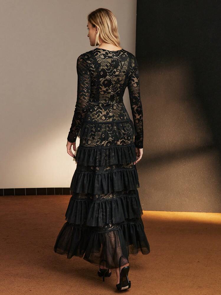 MOTF Soiréza 蕾丝覆盖层叠荷叶边下摆正式晚礼服（无腰带） - 黑色 - 查看 7