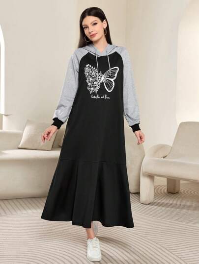 Mulvari 女士纯色拼布蝴蝶印花长袖简约连帽休闲运动衫、长袖上衣