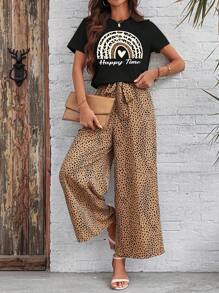 SHEIN LUNE 2 件套日常休闲针织圆领短袖上衣和圆点图案裤子 - 黑色 - 查看 3