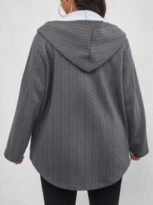 SHEIN LUNE Plus Size Front Button Closure Long Sleeve Minimalist Hooded Jacket, Casual Daily Wear - Multicolor - View 3