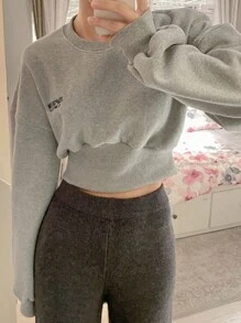 DAZY 女士高腰短款运动衫，修身款，长袖上衣，秋季服装 - 灰色 - 查看 5