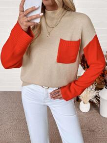 Chiquease Damen Herbst Stehkragen Farbblock Dropped Shoulder Langarm Taschen Lässiger Loose Pullover, Strickpullover Herbst Winter - Aprikosenfarben - Übersicht 6