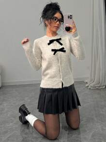 Women's Bow Decor Front Button Casual Versatile Long Sleeve Cardigan - Apricot - View 3