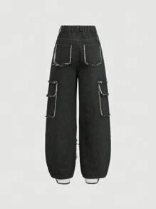 SHEIN Tween Boy Fashion Casual Design Sense Raw Edge Split Multiple Cargo Pockets Design Black Denim Cargo Loose Straight Leg Jeans For Dailywear And Kids Fall Clothes