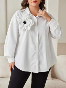 Modelyn Plus Size Women Floral 3D Decor Long Sleeve Loose Blouse, Elegant For Autumn - White - View 2