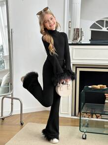 SHEIN Tween Girls Ribbed Mock Neck Long Sleeve Top And Flared Pants 2pcs Set - Black - View 1