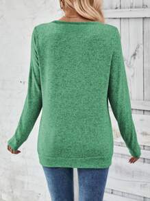 EMERY ROSE Women's Solid Color V-Neck Long Sleeve Pleated Button Design Casual T-Shirt, Fall & Winter - Green - View 2