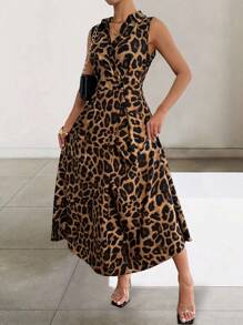 Xyvia Women's Front Button Collared Sleeveless Animal Leopard Print Pocket Casual Dress Maxi Women Outfit