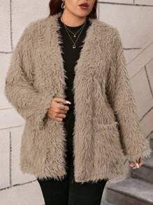 SHEIN LUNE 大码休闲复古前开襟双口袋毛绒外套，适合秋冬季感恩节/女士机场旅行/万圣节假日穿着 - 駝色 - 查看 6