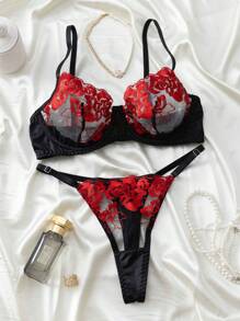 Set de 2 piezas de lencería de moda con bordado floral de malla para mujeres