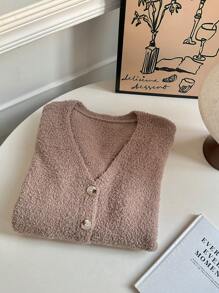 Calvaya Solid Drop Shoulder Oversize Single Breasted Placket Fluffy Knit Lightweight Cardigan