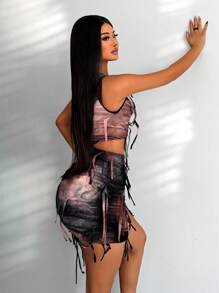 Zolique 女士时尚性感扎染破洞短款上衣和紧身迷你裙两件套 - 中紫紅色 - 查看 4