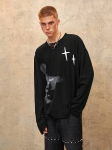 ROMWE MEN Grunge Punk Tricou cu mânecă lungă, cu gât crew, rupt, elegant, casual, confortabil, la modă