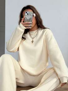 Muchica 女士秋冬基本款针织保暖内衬高领长袖宽松外出套装、两件套服装、运动服、保暖、女士两件套 - 杏色 - 查看 4