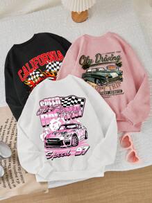 Tween-Mädchen Sweatshirt mit Rennwagen- und Buchstaben-Muster, Rundhalsausschnitt, Langarm, Lässig