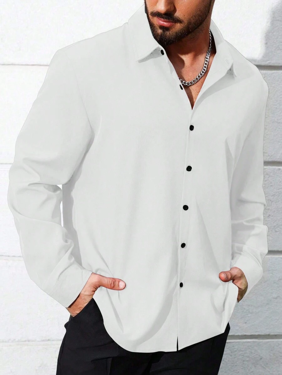 Manfinity Homme Plus Size Men Casual Solid Color Long Sleeve Shirt, Autumn - White - View 1